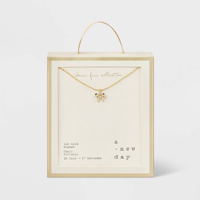 14K Gold Plated Brass Pave Cubic Zirconia Bow Necklace - A New Day  Gold: Nickel-Free, 19" with Extender