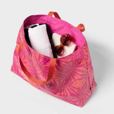 Water Resistant Reversible Tote Bag - Open Story  Pink/Coral Palm: Double Handles