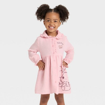 Girls' 4T - Hello Kitty Long Sleeve Gauze Dress - Pink