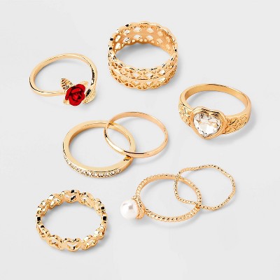 Pearl Heart and Rose Multi Ring Set 8pc - Wild Fable  Gold: Zinc Band, Stacking, Statement Jewelry
