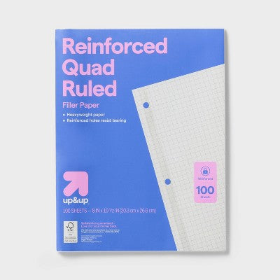 100ct 4x4 Quad Ruled Notebook Filler Paper Reinforced - up&up : Quadrille Ruled, White, 20 lb, Loose Leaf, 100 Sheets
