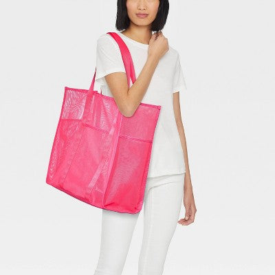 Mesh Tote Handbag - Shade & Shore  Pink: Polyester Unstructured Beach Bag