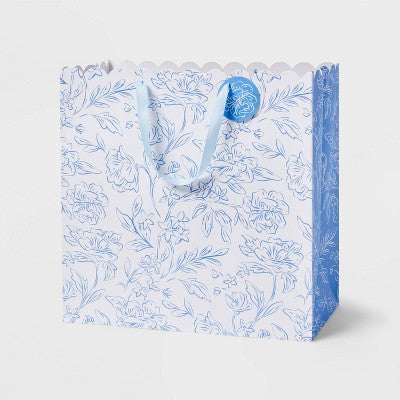 Large Square Floral Wedding Gift Bag with Tag Blue/White - Spritz