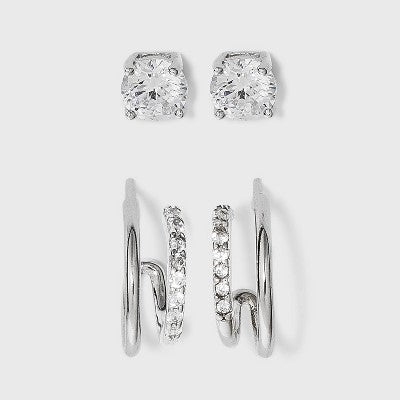 Sterling Silver Cubic Zirconia Double Post Hoop Earring Set 2pc - A New Day - Silver