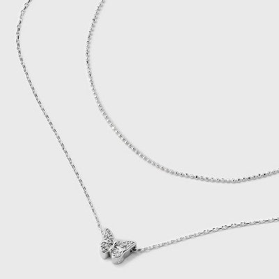 Silver Plated Sliding Cubic Zirconia Butterfly Multi-Strand Necklace - A New Day : Brass, Nickel-Free, 21 Length