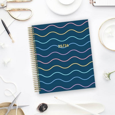Blue Sky 7x9 Livewell 2025-2026 Weekly/Monthly Spiral Coil Planner Laminated Lynnie Navy Waves