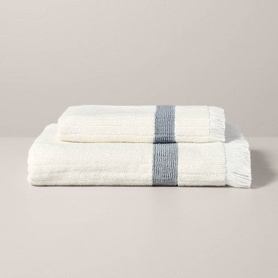 Textured Stripe Terry Bath Towel with Fringe Blue/Cream - Hearth & Hand  with Magnolia