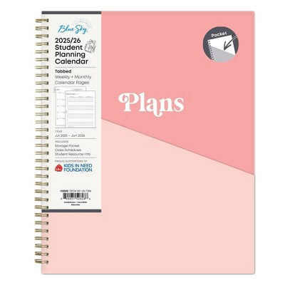 Blue Sky 8.5x11 Inch 2025-2026 Weekly/Monthly Student Wirebound Planner Double Pocket Flamingo Pink/Sorbet