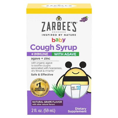 Zarbee's Baby Cough Syrup + Immune with Organic Agave & Zinc - Natural Grape Flavor - 2 fl oz *Exp 12/2026* *Damaged Box*