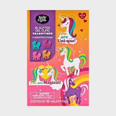 Sadie & Sam 16ct Valentine's Day Exchange Cards Unicorn Glitter Gel Cling