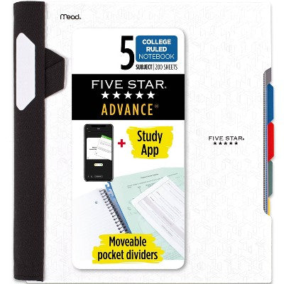 Five Star 200 Sheets 5 Subject College Ruled Spiral Notebook with Pocket Dividers White