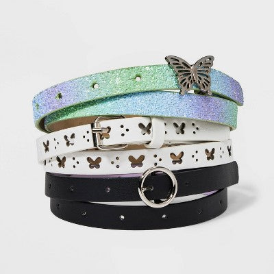 Girls' Size L 3pk Butterfly Themed Belt Set - Cat & Jack Purple/White/Black L: Adjustable Waist, Skinny Style