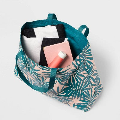 Water Resistant Reversible Tote Bag - Open Story Teal/Pink Palm