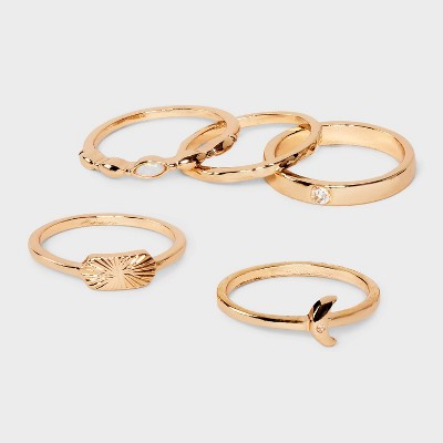 Cubic Zirconia Semi-Precious Opal and Moon Ring Set 5pc - Universal Thread - Gold - Assorted Sizes: 7, 8, 9