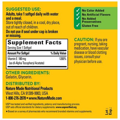 Nature Made Vitamin E 180mg (400 IU) dl-Alpha for Antioxidant Support Softgels - 100ct *Exp 03/2030*