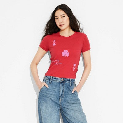 Women's XL Lucky Charm Ace of Clubs Short Sleeve Graphic Baby T-Shirt - Red Vinyl Threads, Cotton-Polyester Blend, Casual Pullover