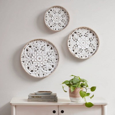 3pc Medallion Trio Wood Wall Decor Set Panel Natural/White - Madison Park: Carved Floral, Vintage Look