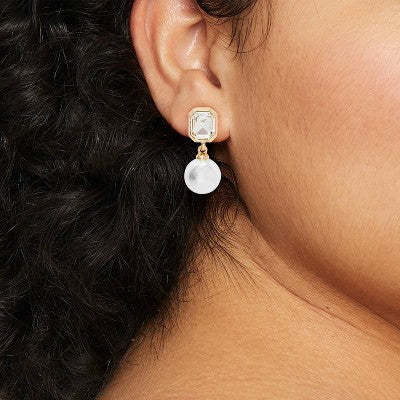 Classic Pearl Drop Earrings with Stone Post - A New Day  Gold