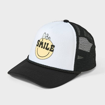 Girls' One Size Fits Most - Peanuts Snoopy Smile Trucker Hat - Black: Adjustable Snapback, Midweight Twill, Smiley Face Design