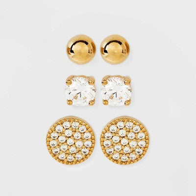 14K Gold Plated Cubic Zirconia Ball Pave Trio Stud Earring Set - A New Day  Gold: Polished Basket Setting