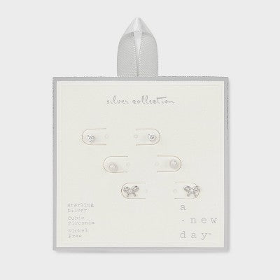 Cubic Zirconia with Glass Pearl Bow Earring Set 3pc - A New Day  Silver