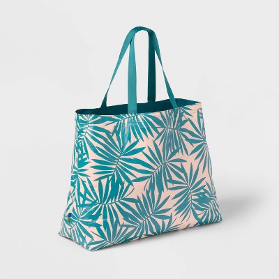 Water Resistant Reversible Tote Bag - Open Story Teal/Pink Palm