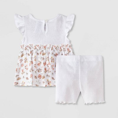 Girls' 3-6M 2pc Disney Minnie Mouse Floral Short Sleeve Shirt and Biker Shorts Set - White