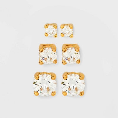 14K Gold Plated Cubic Zirconia Trio Stud Earring Set - A New Day  Gold
