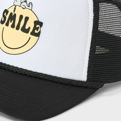 Girls' One Size Fits Most - Peanuts Snoopy Smile Trucker Hat - Black: Adjustable Snapback, Midweight Twill, Smiley Face Design