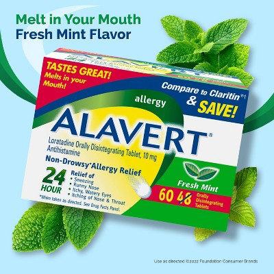 Alavert 24-Hour Allergy Relief Dissolving Tablets - Loratadine - Fresh Mint Flavor - 60ct **Exp 2026/09** *Damaged Box*