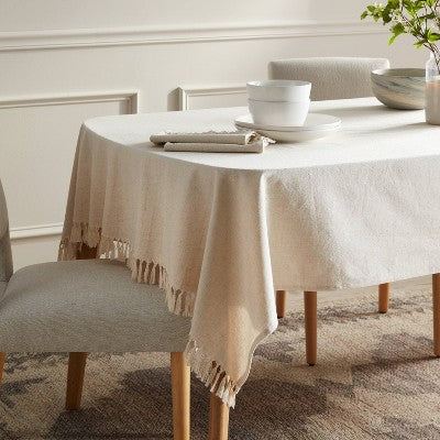 60 x 104 Cotton Slub Tablecloth with Tied Fringe Light Beige - Threshold