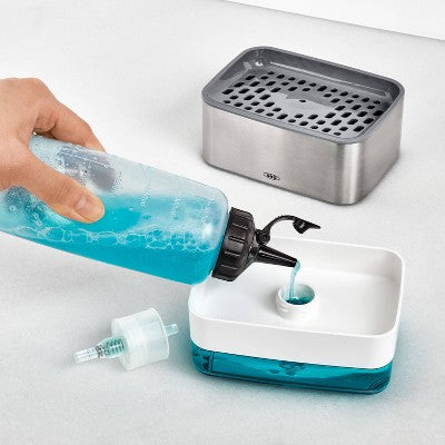 OXO Soap Dispensing Sponge Holder Black: Kitchen Dish Soap Dispenser, Plastic, Hand Wash, 6 oz Capacity, Gray