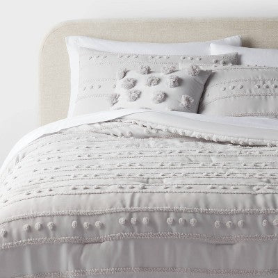 8pc Queen Clipped Stripe Poms Comforter and Sheet Set Gray - Threshold *Open & Damaged Package All Item Included*