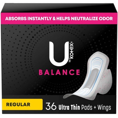 U by Kotex Balance Ultra Thin Regular Pads with Wings - Unscented - 36ct *Minor Box Damage*