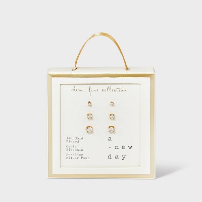 14K Gold Plated Cubic Zirconia Trio Stud Earring Set - A New Day  Gold