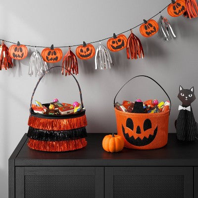 7.5 Halloween Trick or Treat Fabric Basket Orange/Tinsel Black - Hyde and EEK! Boutique