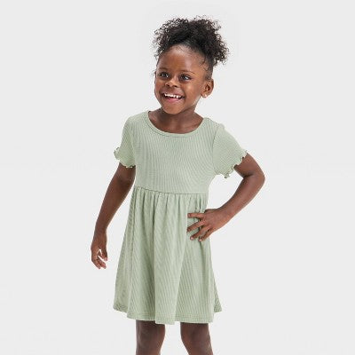 Girls' 12M Toddler Short Sleeve Ribbed Dress - Cat & Jack Olive Cotton Blend, A-Line, Crew Neck, Machine Washable