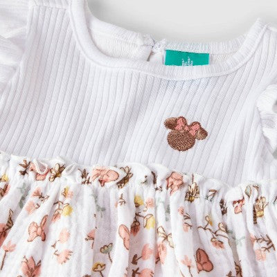 Girls' 3-6M 2pc Disney Minnie Mouse Floral Short Sleeve Shirt and Biker Shorts Set - White