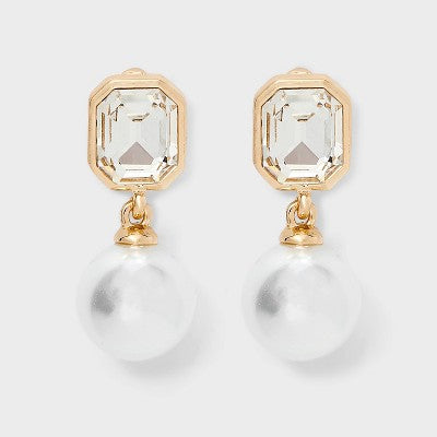Classic Pearl Drop Earrings with Stone Post - A New Day  Gold