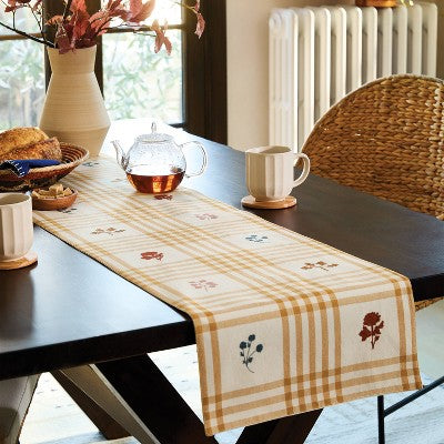 72x14 Inch Embroidered Plaid Table Runner Gold - Threshold : Traditional Autumn Decor, Machine Washable, OEKO-TEX Certified