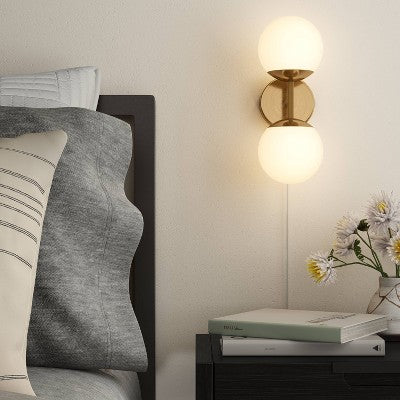 Double Globe Sconce White - Threshold: Wall-Mounted, Dimmable, Gold Metal Body, Includes LED Bulbs *Open Box*