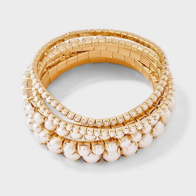 Cupchain Pearl Stretch Bracelet Set 5pc - A New Day - Gold/Pearl