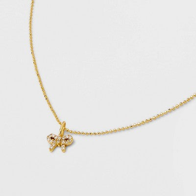 14K Gold Plated Brass Pave Cubic Zirconia Bow Necklace - A New Day  Gold: Nickel-Free, 19" with Extender
