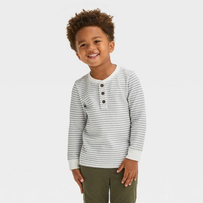 Toddler Boys' Size 12M Long Sleeve Striped Henley T-Shirt - Cat & Jack, Light Gray