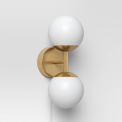 Double Globe Sconce White - Threshold: Wall-Mounted, Dimmable, Gold Metal Body, Includes LED Bulbs *Open Box*