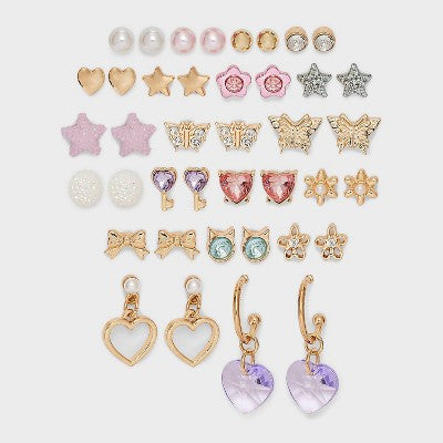 Girls' 20pk Earring Set - Cat & Jack : Nickel-Free, Post Closure, Stud & Hoop Styles