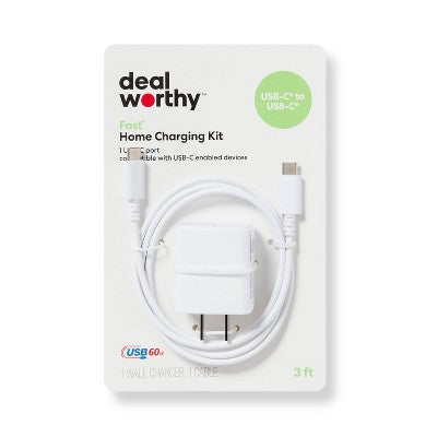 Single Port 20W USB-C Home Charger with 3' USB-C to USB-C Cable - Dealworthy  White