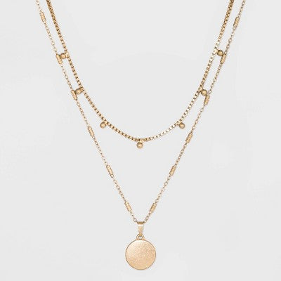 Ball & Medallion in Worn Gold Layer Necklace - Universal Thread  Gold: Multi-Strand, Lobster Claw Clasp