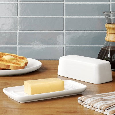 2pc Porcelain Butter Dish White - Threshold : Butter Holder, Microwave & Dishwasher Safe, 4 Volume Capacity
