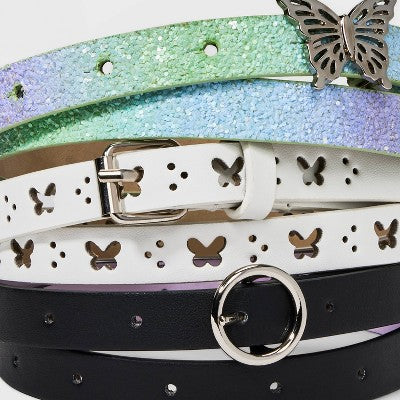 Girls' Size L 3pk Butterfly Themed Belt Set - Cat & Jack Purple/White/Black L: Adjustable Waist, Skinny Style